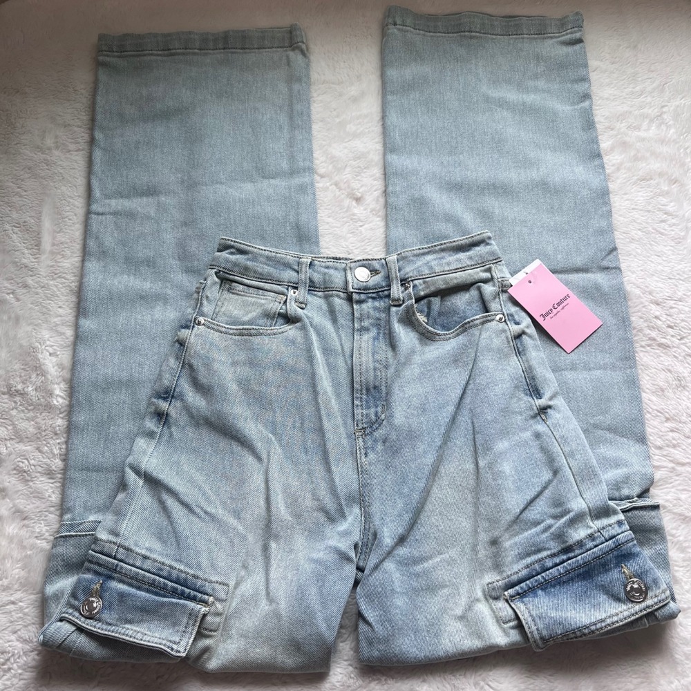 Juicy Couture Women Wide Leg Cargo Jeans Light Wash High Rise JC543-WDLG Size 26